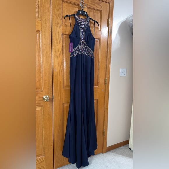 Abby Paris Formal Dress Size 8 Navy Blue Beaded Waist Train Gown AUTHENTIC NWT - Picture 11 of 15